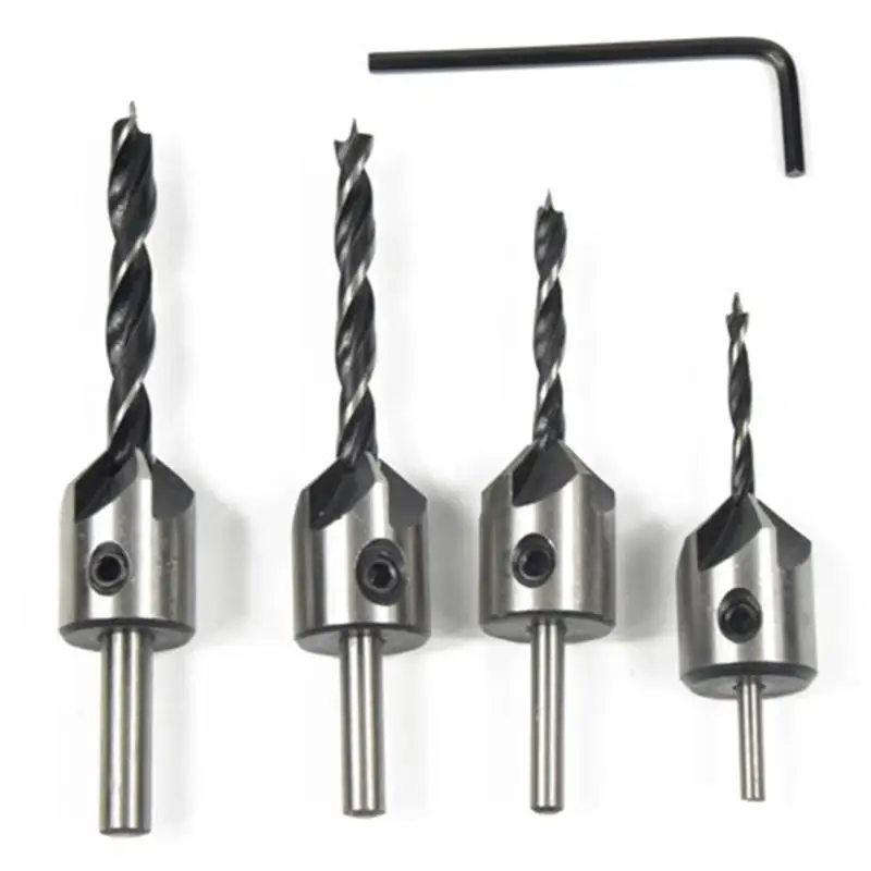

4 PCS HCS 5 Flute Countersink Drill Bit Set Screw Woodworking Drill Press Set Reamer Screw Woo Tool 3-6mm