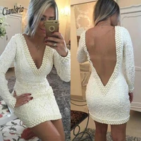 sexy low backless lace pearls short cocktail dresses gorgeous ivory v neck long sleeve mini prom party homecoming dress