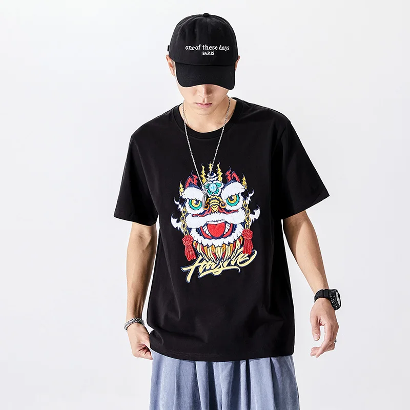 

Summer T Shirts Men's Chinese Style Heavy Embroidery Lion Dance Cotton Short Sleeved T-shirt Male Loose Oversize Student T Shirt