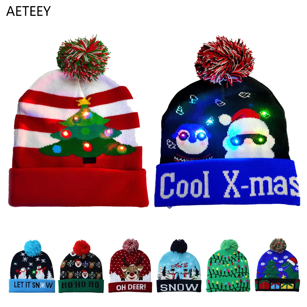 

Autumn Winter Fashion Christmas LED Light Knitted Hat Lantern Party Warm Adult Christmas Printed Hat Beanie Winter Gloves Hat