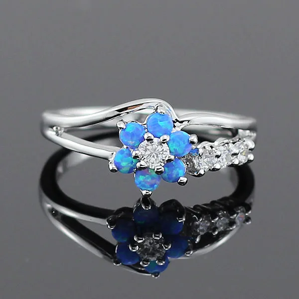 

Blue/Pink/White Fire Opal Flower Shaped Silver Plated Rings for Women 11W