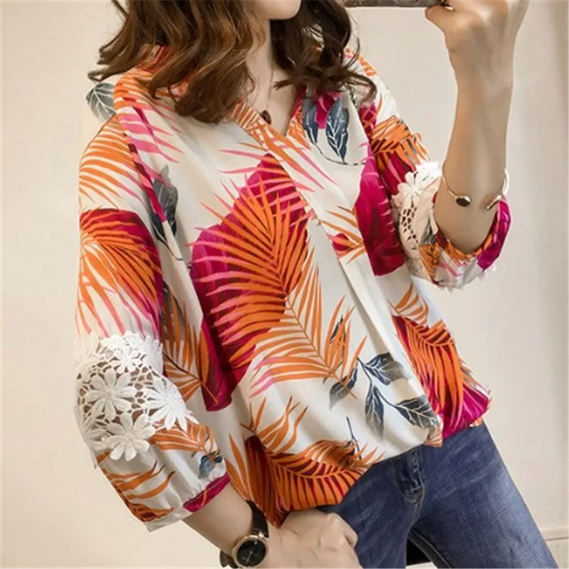 Новые женские летние топы с принтом Блузки 2021 модные рубашки кружевом 3/4 блузка