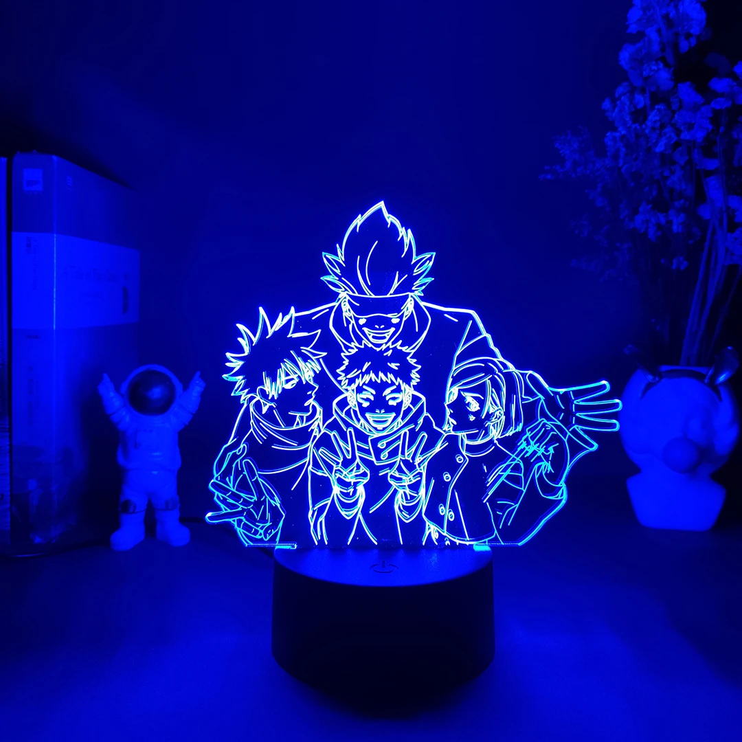 Hot Anime Jujutsu Kaisen Figures 3D Visual Lamp Cool Satoru Gojo Team Acrylic Laser Engraved Upward Lighting LED Home Decoration | Лампы и