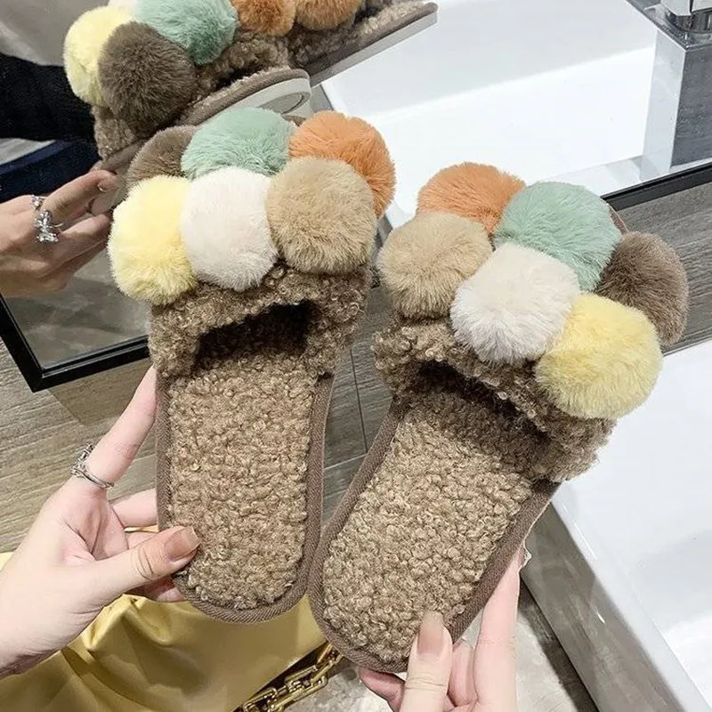 

Cute Winter Plush Slipper Indoor Home Warm Shoe Women House Slippers with Pompom Balls Fur Shoes Zapatos De Mujer