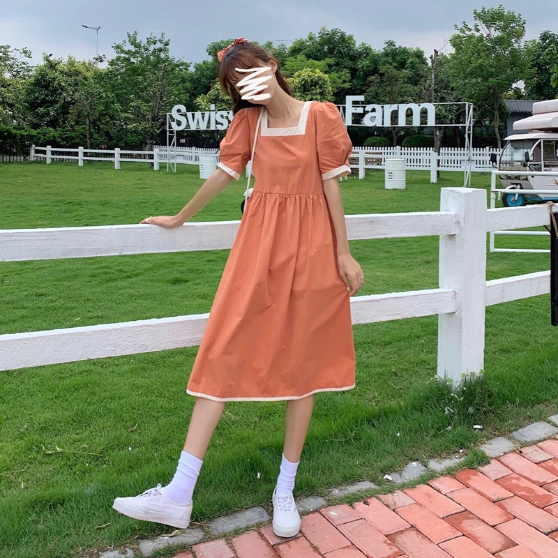 

College Style Puff Short Sleeve Square Collar Dress Small Fairy Lady Super Fairy Mori Style First Love Rural Sweet Summer New