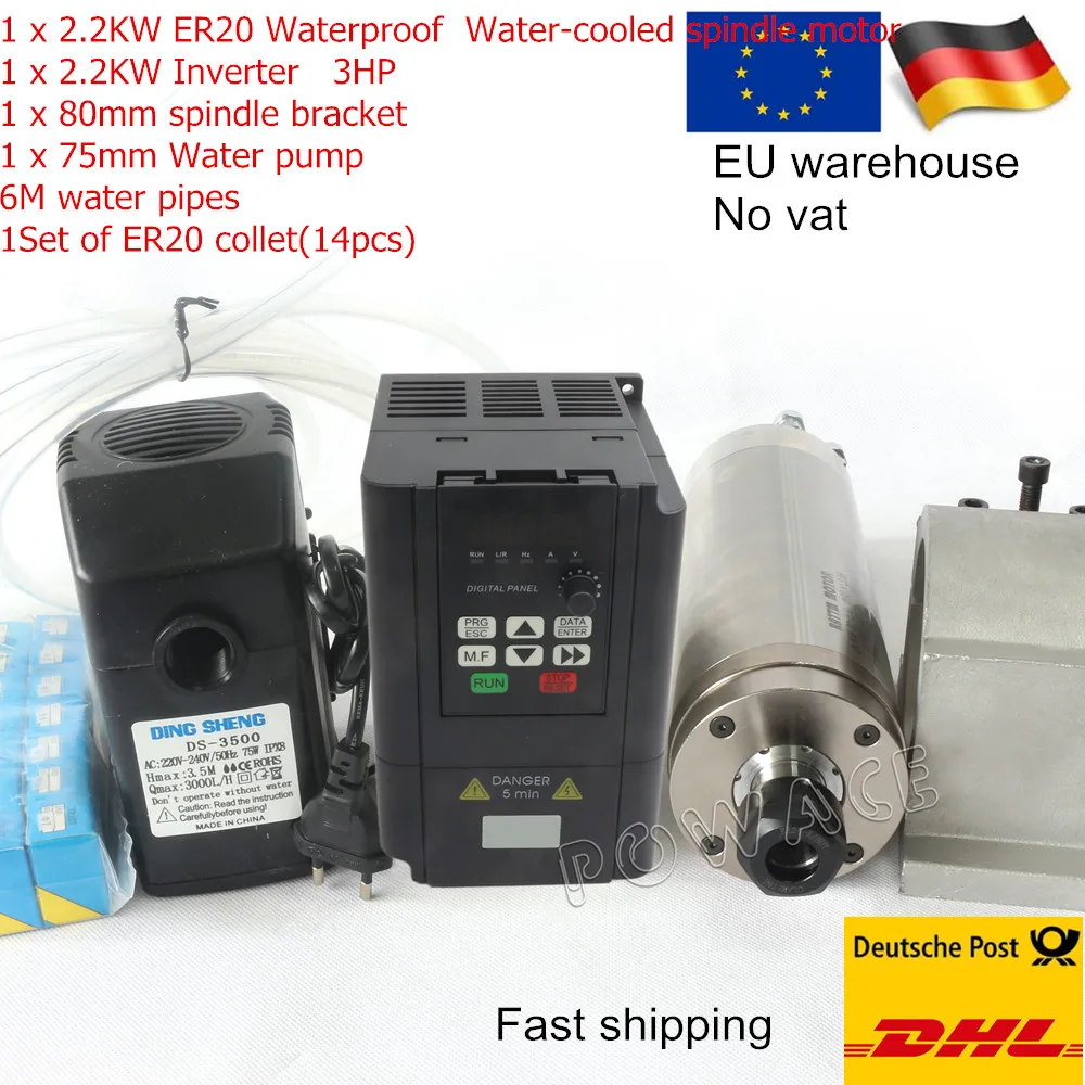

Water Cooling Spindle Motor CNC Kit 2.2KW ER20 220V Waterproof & Inverter VFD 3HP For CNC Lathe Milling Router Machine