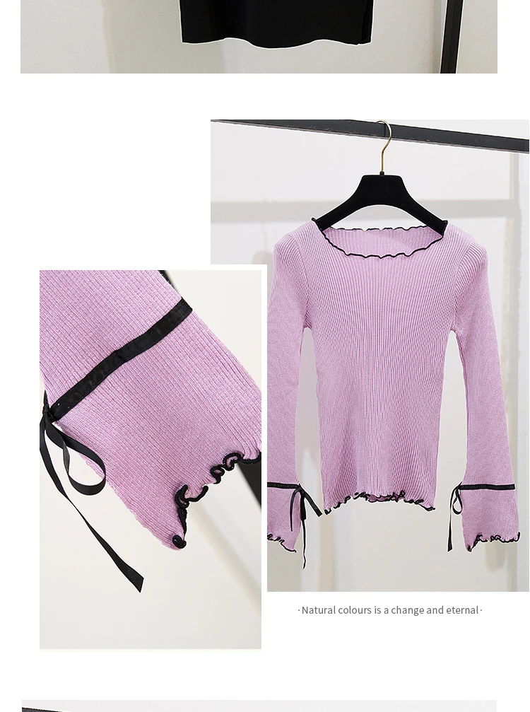 Autumn Women Flare Sleeve Knitted Bow Top+Mid-Long Black Suspender Skirt Set Streetwear Two-piece Set Strap Skirt Overalls