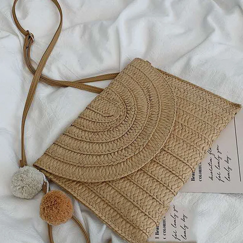 

New Designer Ladies Envelope Clutch Bag Trendy Handmade Straw Cross Body Bag Cute Solid Small Bags For Women Woven Messenger Bag