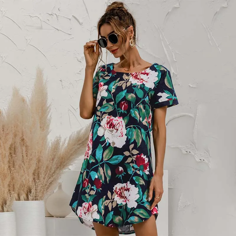 

Vintage Floral Print Short Sleeve O Neck Dress Women Summer Casual Loose Above Knee Elegant Streetwear Plus Size Dresses