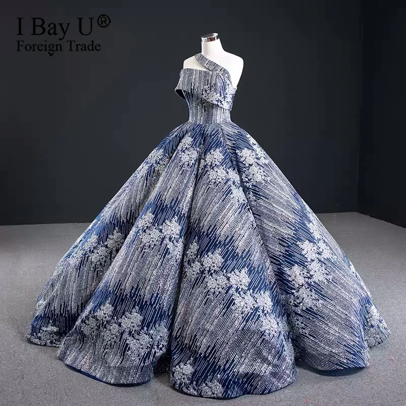 Dubai Navy Blue Sexy Luxury Wedding Dresses 2020 Sequined Bridal Gowns Custom Made