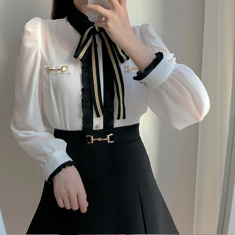 

Однобортная рубашка HziriP с рукавами-фонариками и бантом, однотонная Свободная рубашка с поясом на пуговицах, во французском стиле, осень 2021, ...