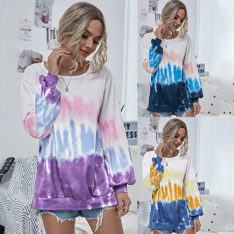 

European and American new round neck tie-dyed sweater women's autumn and winter long sleeve pullover sports loose top