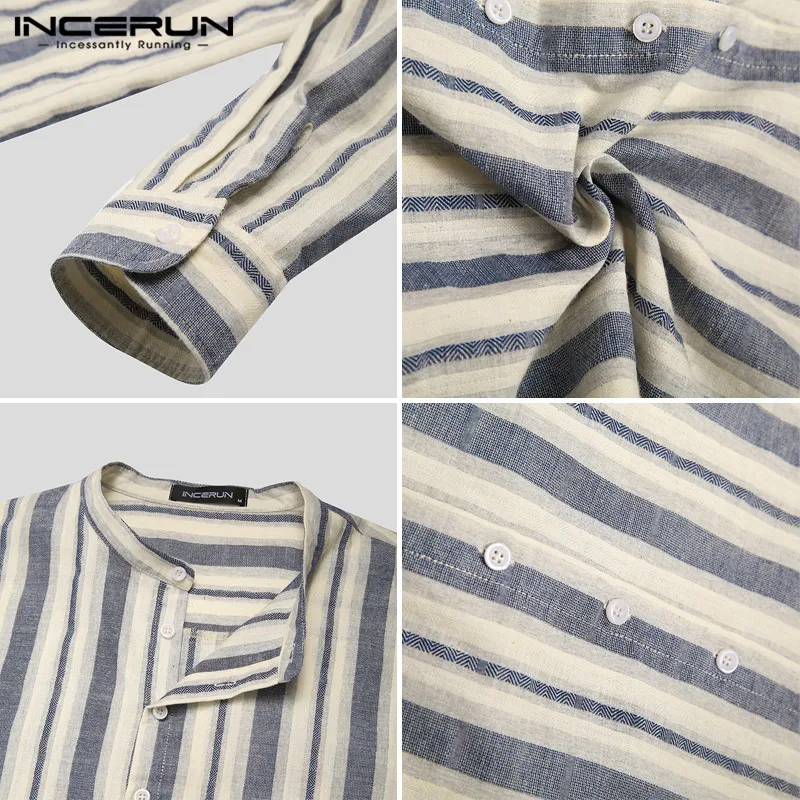 

Fashion Striped Shirts Mens Long Sleeve Stand Collar Camisa INCERUN Autumn Man Buttons Chemise Harajuku Blusas Streetwear S-5XL