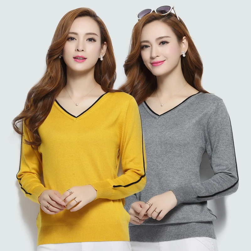 Осенний кашемировый свитер с v-образным вырезом куртка длинными рукавами женский