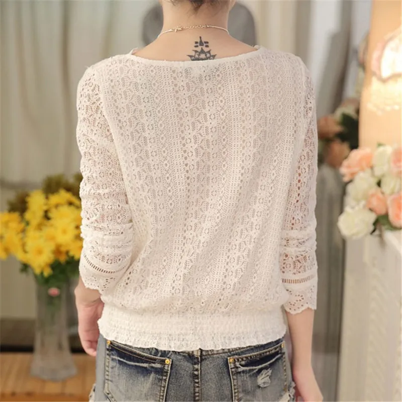 

CBAFU white korean chic lace shirt long sleeve hollow out women blouse spring autumn see through v-neck blusas all match N417