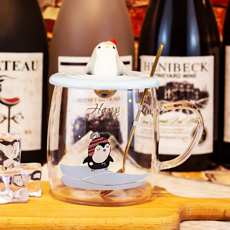 

Glass mug with lid spoon straw large capacity water cup children lovely single-layer high temperature resistant tea office