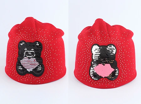 bear red Зимняя шапка для маленьких девочек, зимняя шапка с рисунком медведя, забавная шапка с пайетками, двухслойная теплая вязаная шапка со стразами, шапочки - Цвет: bear red