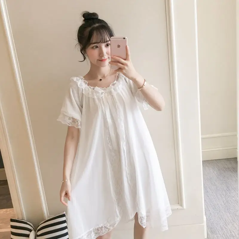 New Short Sleeve Court Lace Nightdress Women Summer Korean Fresh Princess Style Lace Nightgown Sexy Dress Sleepwear Nightwear