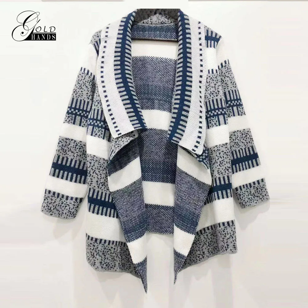 Женский вязаный свитер в полоску с золотыми ручками Свободный длинный кардиган