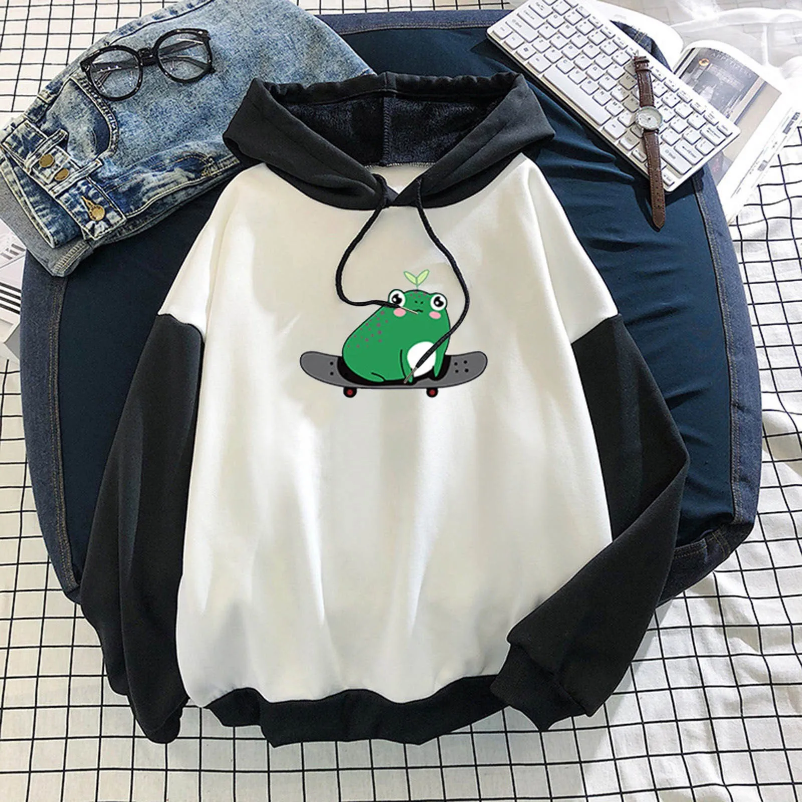 

Cute Frogs Print Hoodies Women Long Sleeve Sweatshirt Hoodis Stitching Loose Streetwear Casual 2021 Autumn Худи