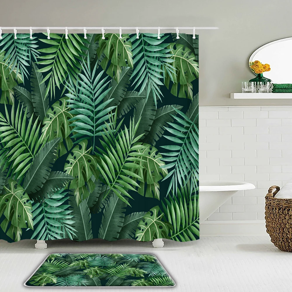 

Занавеска для душа с зелеными тропическими растениями, комплект из 2 шт./компл., водонепроницаемая ткань с нескользящим ковриком для ванной ...
