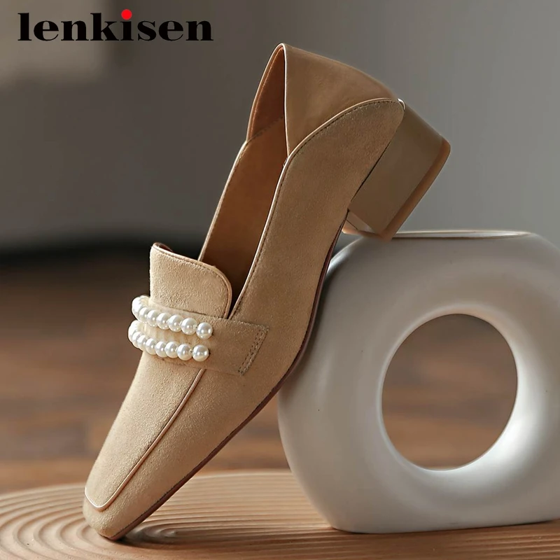 

Lenkisen new gladiator sheep suede patchwork beading pearl square toe thick med heel slip on charming daily wear women pumps L62