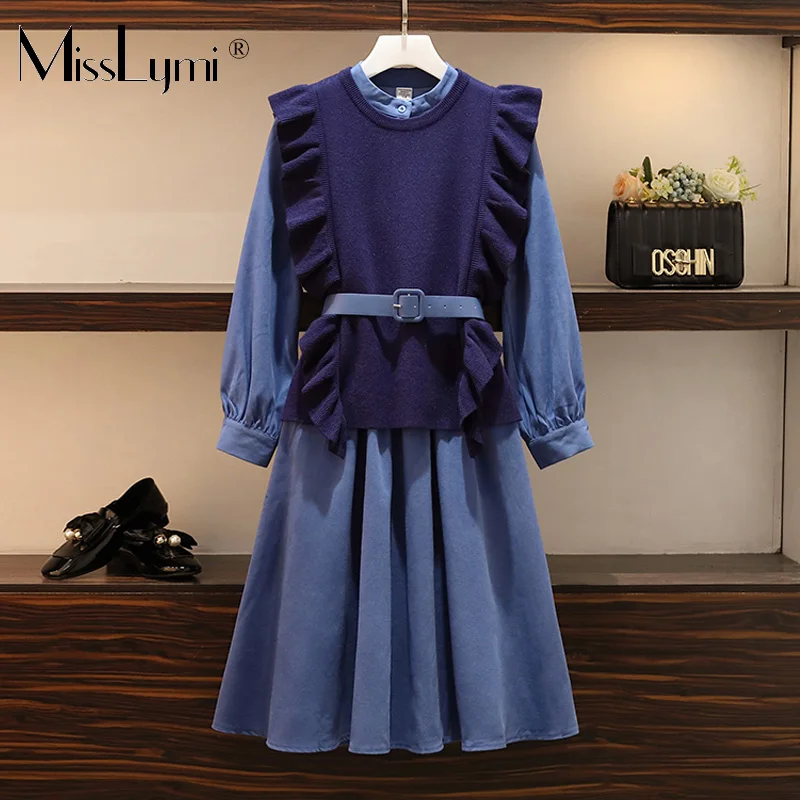 Plus плюс размер женское платье из двух частей осень зима 2019 Мода Rullfe вязаный жилет