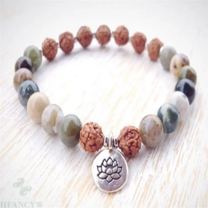 8mm Indian Agate Gemstone Mala Bracelet lotus Buddha pendant Chakras Healing Bless Tibet silver Monk Buddhism Men Gemstone