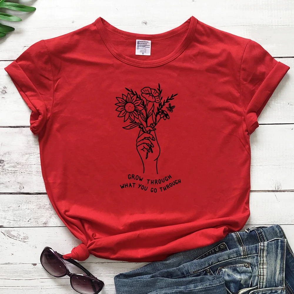 red-black text Летние расти через то, что вы проходите футболки Винтаж Цветочный принт футболка Топ Для женщин Crewbeck крафический Tumblr из хлопчатобумажной ткани, раздел-футболки - Цвет: red-black text
