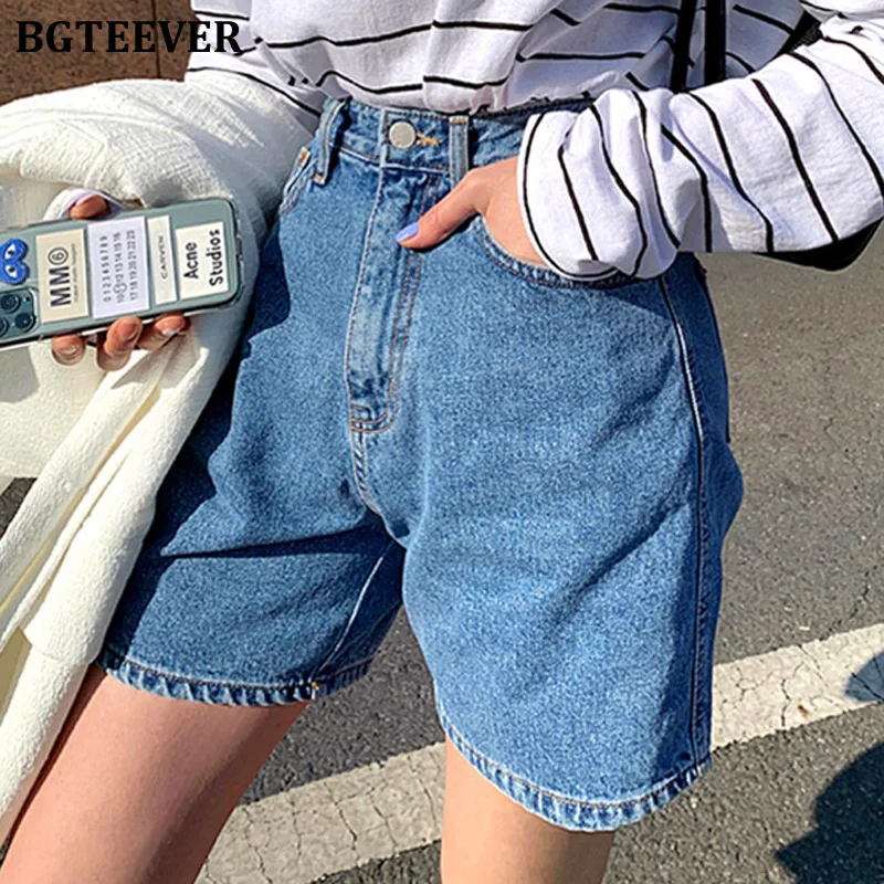 

FAKUNTN Casual High Waist Straight Jeans Shorts Summer Pockets Loose Female Blue Denim Shorts Ladies High Street Bottoms 2020