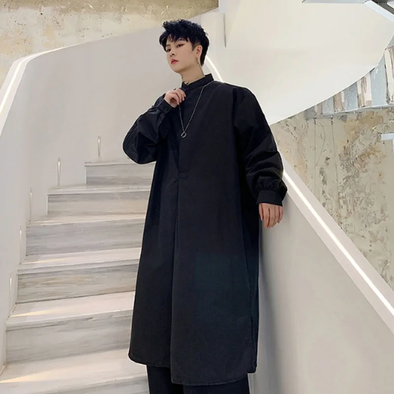 

Homens do Estilo de Japão Manga Longa Gola Pullover Preto Branco Vestido Camisa Robe Masculino Streetwear Gótico Solto Camisa Lo