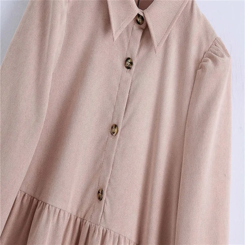 

2020 Za Corduroy Shirt Dress Women Long Sleeve Lapel Collar Vintage Loose Office Mini Dresses Woman Winter Pleated Pink Vestidos