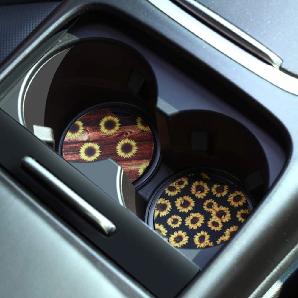 

2Pcs Universal Sunflower Print Auto Car Cup Coasters Drinkings Holder Mats Pads Sunflower Print Non Slip Universal Cup Coasters