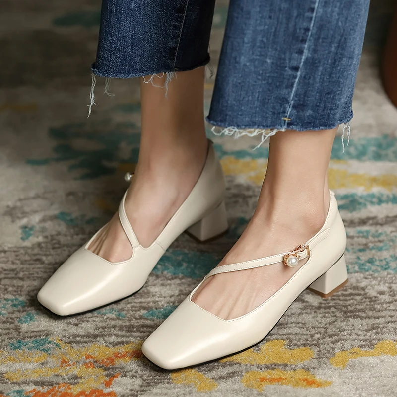 

Top Quality Pumps Women Single Shoes Square Toe Buckle Pearl Spring Fashion Genuine Leather High Heels Shoes Woman Wedding Shoes