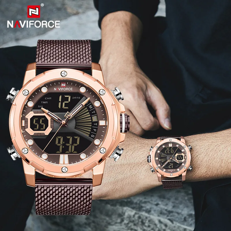 NAVIFORCE мужские часы роскошные нержавеющая сталь водонепроницаемый светодиодный