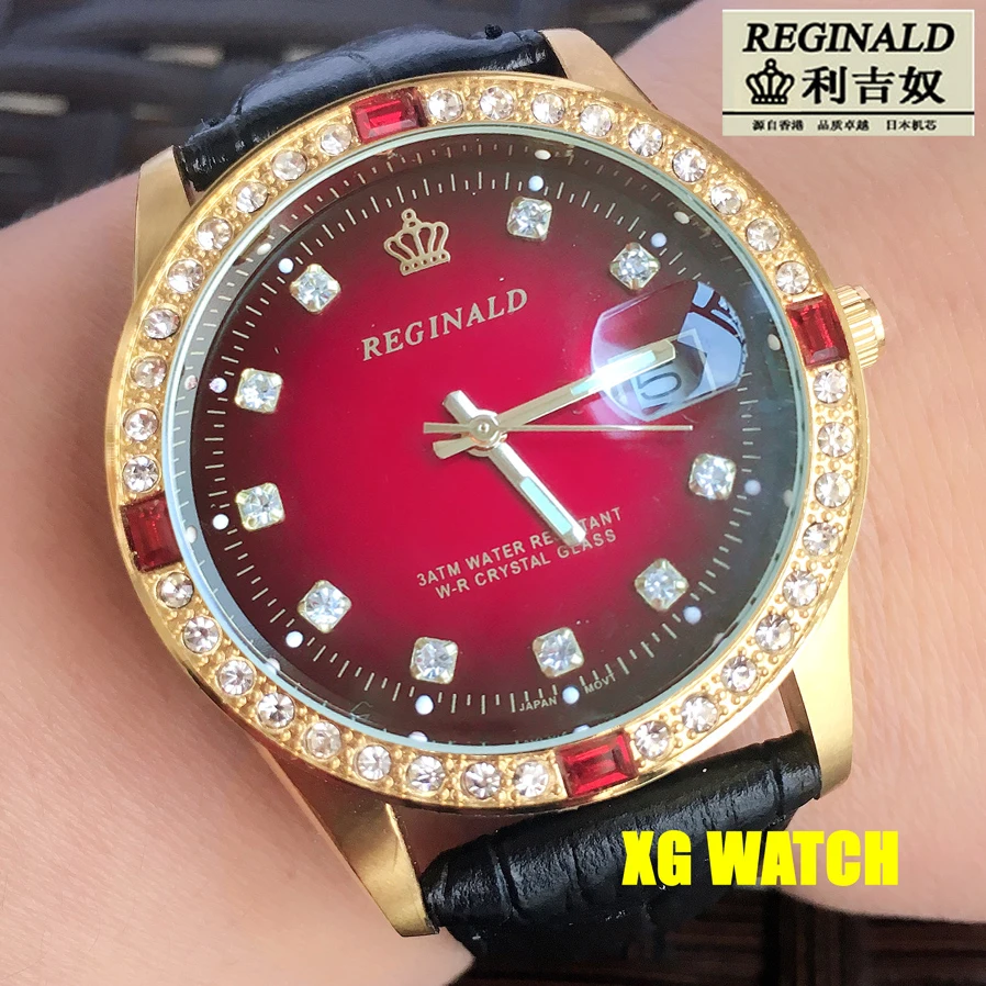 Часы мужские 2019 Роскошные Кварцевые золотистые часы с красными бриллиантами и