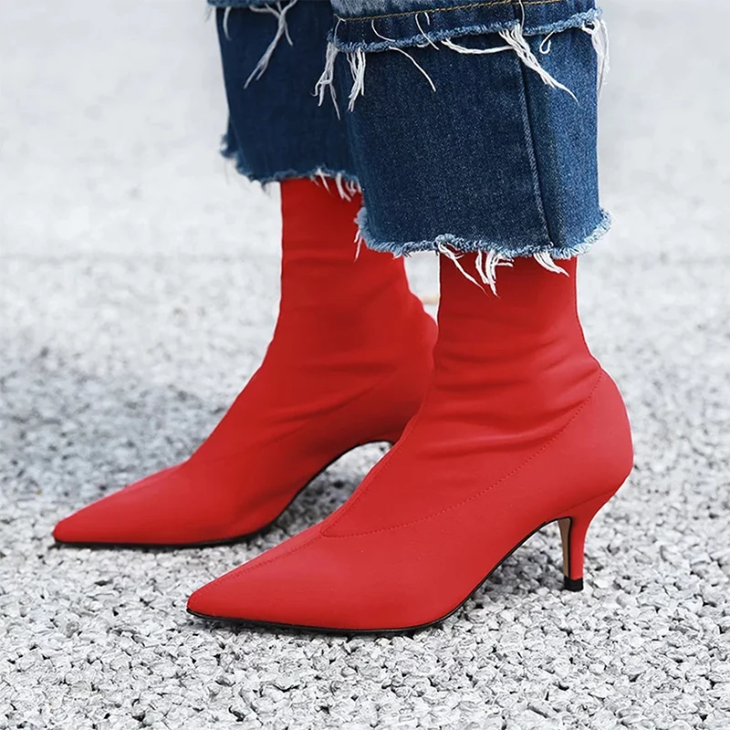 

2019 Women Stretch Yellow Boots 7cm High Heels Short Ankle Boots Lady Combat Low Heels Fetish Cool Stripper Blue Red Fall Shoes