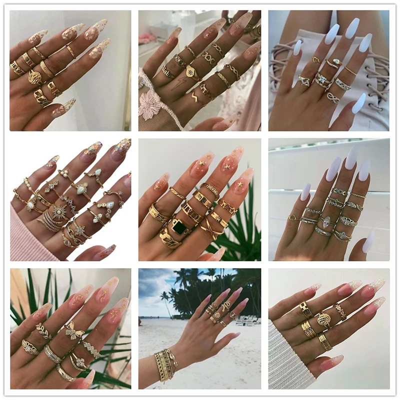 

docona Vintage Gold Color Snake Flower Butterfly Crystal Knuckle Midi Ring Set for Women Girl Carved Geometric Rings Wholesale