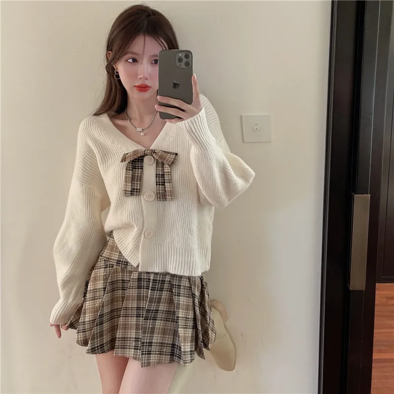 

2021 autumn/winter sweet bowknot pleated skirt twinset sweater cardigan + grid