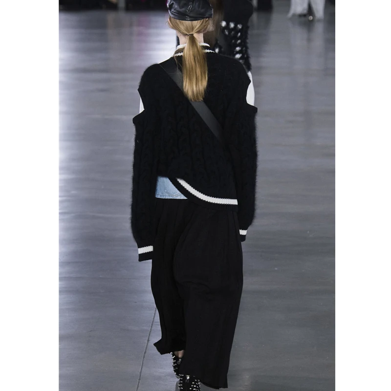 

AEL Patchwork Hit Color Loose Rabbit Hair Knitted Women's Sweater Hollow Out Drop Shoulder V Neck Pullover Winter 2019 New