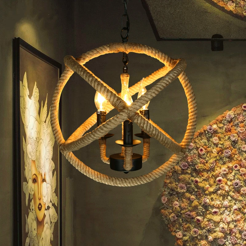 3 классические ретро лампы пеньковая веревка люстра Кантри стиль подвесные