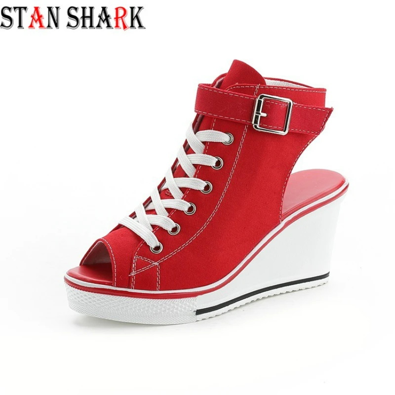 Женская летняя парусиновая обувь на танкетке Босоножки платформе Женские туфли