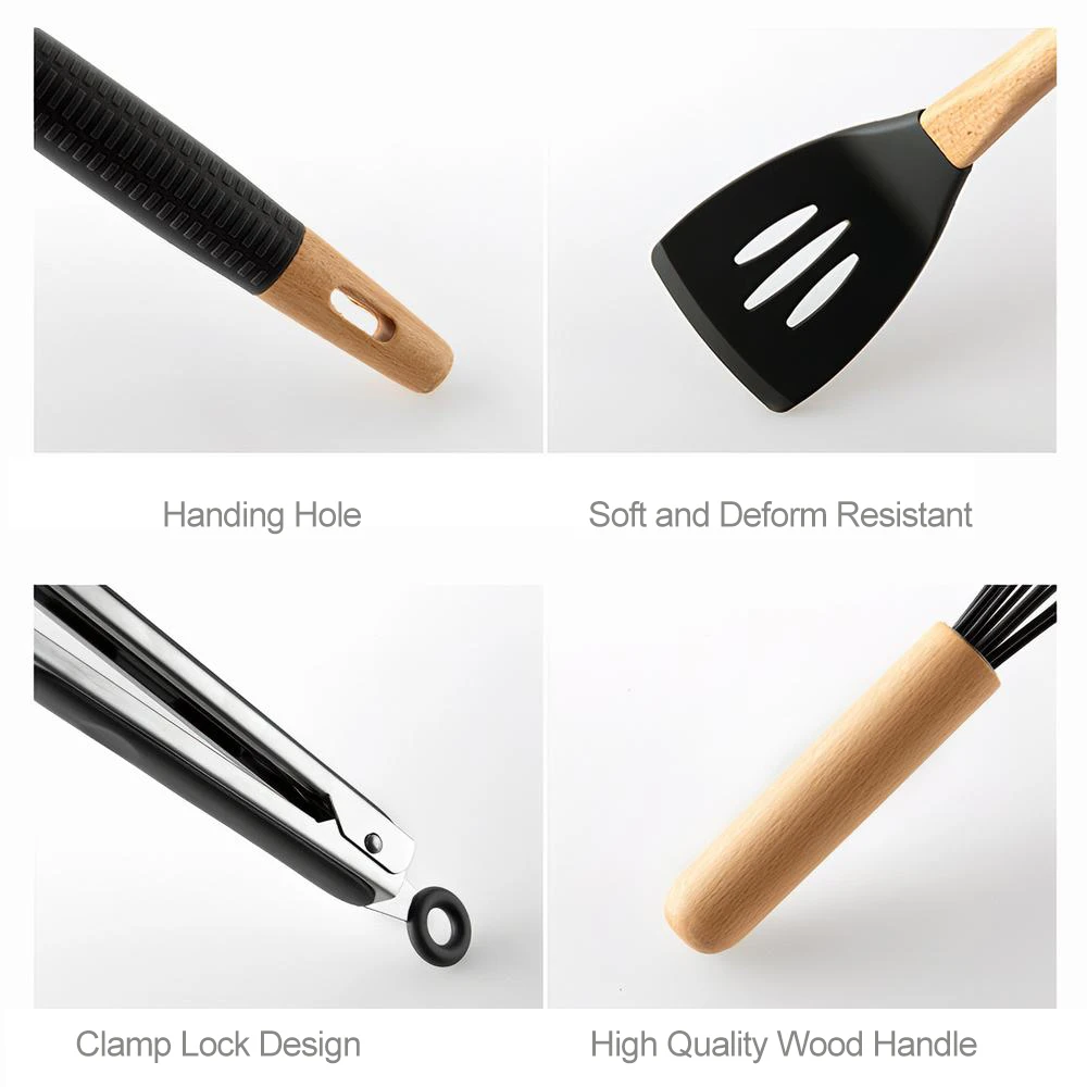 

Non-stick Kitchen Silicone Cooking Utensils Set with Gift S Shaped Metal Hook Silica Gel Utensil Wooden Handle Kitchenware Set