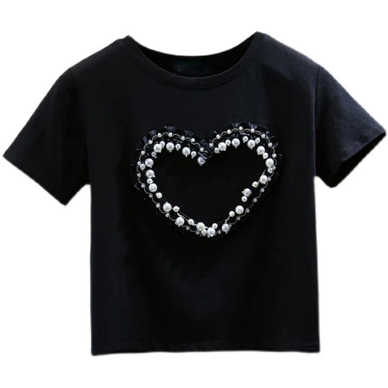 

Beads Love Patch Short Sleeve T-shirt Woman 2021 Summer Slimming Solid Color High Waist Crop Top Lady All-Match Tees White Black