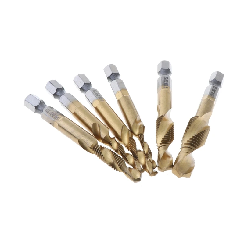 

6pcs M3/M4/M5/M6/M8/M10 Screw Tap Drill Bits Hss Taps Countersink Deburr Set Combination Bit High Speed Steel Hex Drill Tap