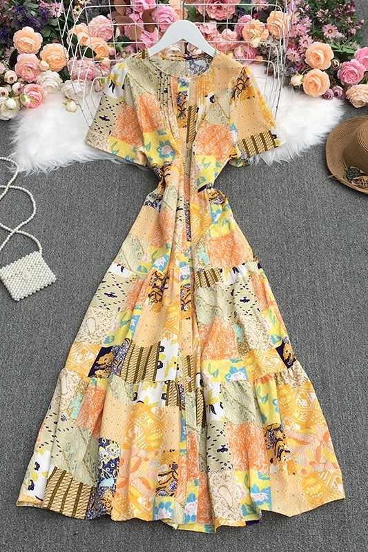 

2021 New Summer Women Fashion versatile O-neck short sleeve Dress waist slim medium length print Dress