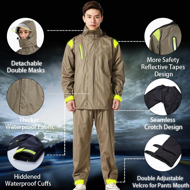 

QIAN Impermeable Protective Raincoats Women/Men Jacket Pants Set Adults Rain Poncho Thicker Police Gear Motorcycle Rainsuit