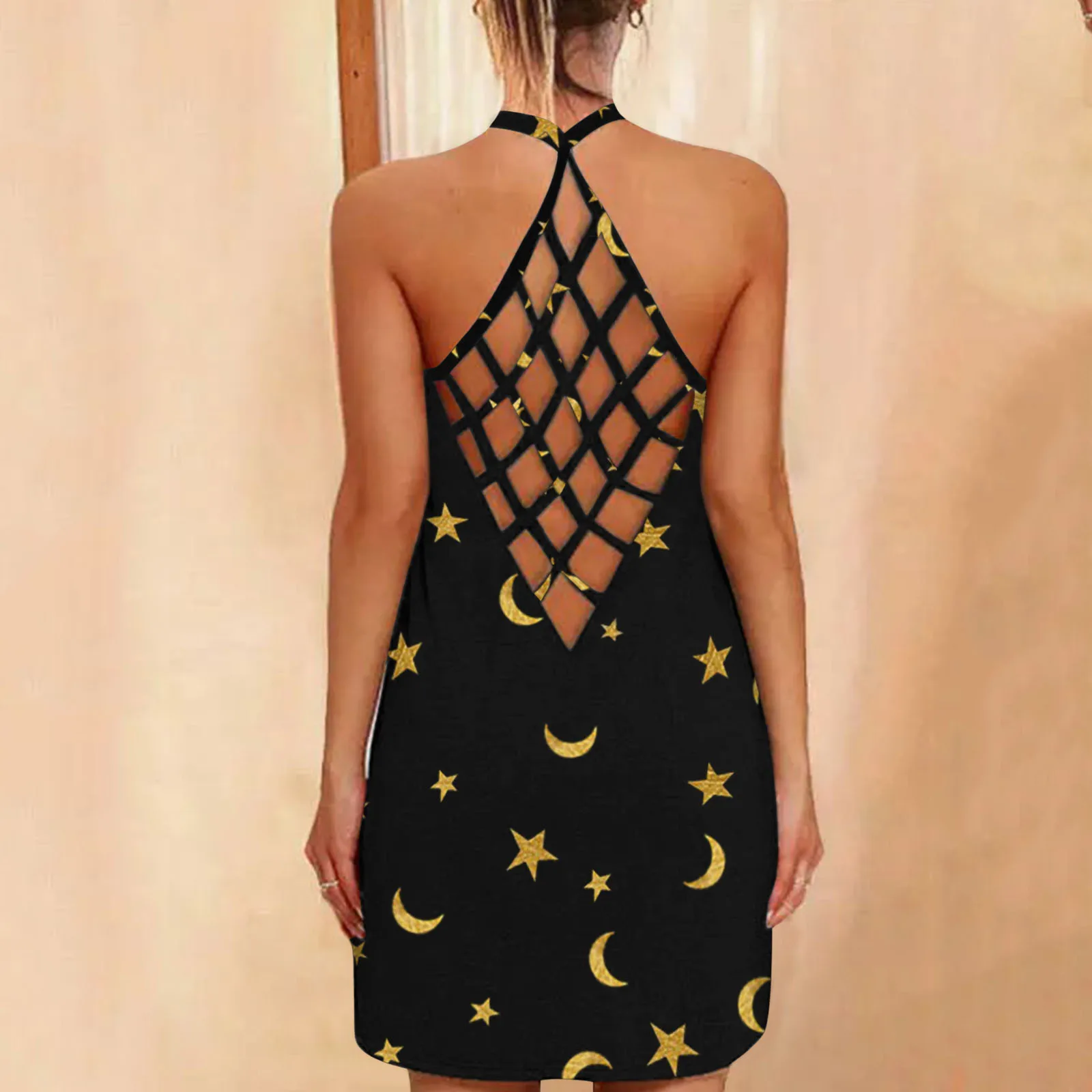 

Sexy Backless Dress Womens Moon Star Print Summer Dresses O-neck Sleeveless Sexy Dress Hollow Beach Bohemian Vestidos Robe Femme