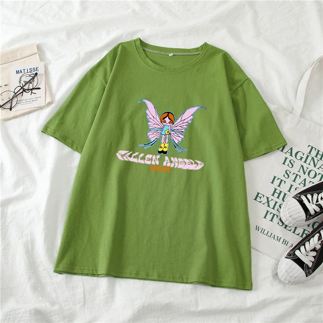 

E-girl Butterfly Graphic and Letter Printing Stitch Green Crop Tops tee Y2K Summer Grunge Style O-neck Short Sleeve T-shirts