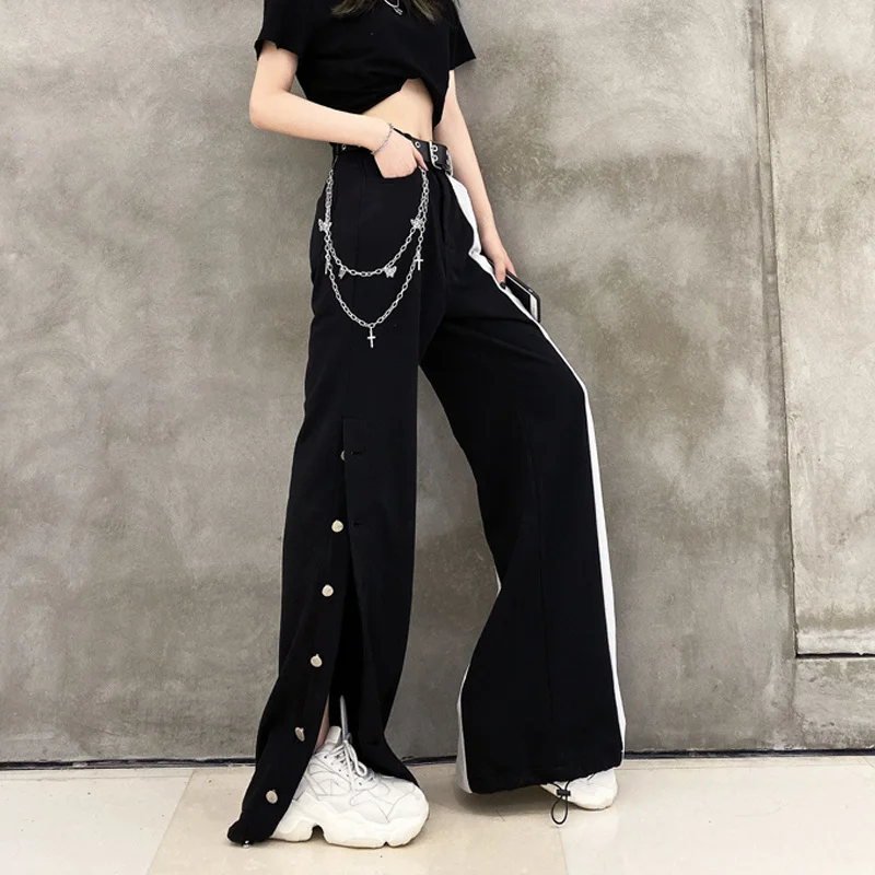 

New Arrival Women Fashion Contrast Cargo Pants Female Elastic Waist Wide Leg Trousers Ladies Korean High Street Pant Plus Size